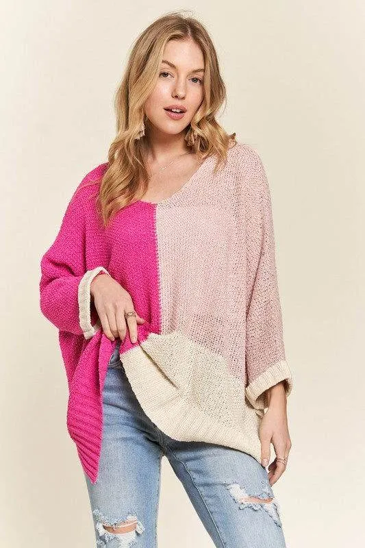 ADORA Side Slit Color Block Long Sleeve Sweater In Pink