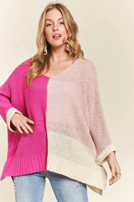 ADORA Side Slit Color Block Long Sleeve Sweater In Pink