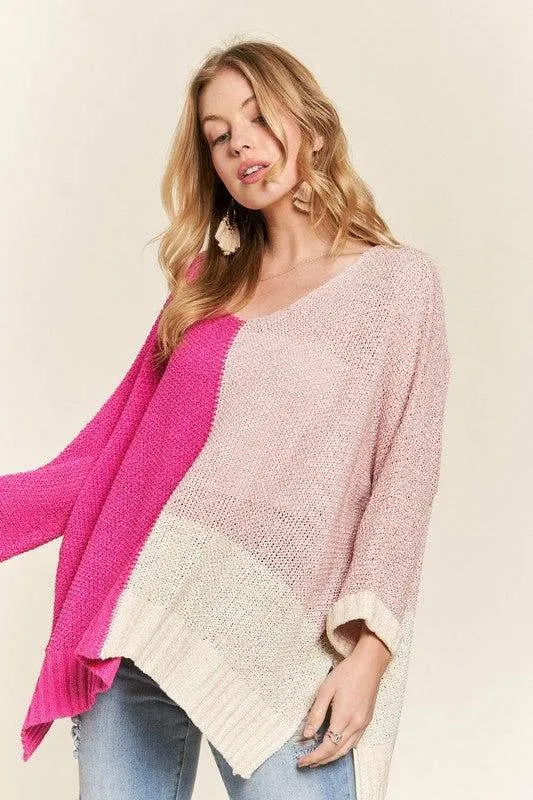 ADORA Side Slit Color Block Long Sleeve Sweater In Pink