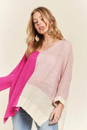 ADORA Side Slit Color Block Long Sleeve Sweater In Pink