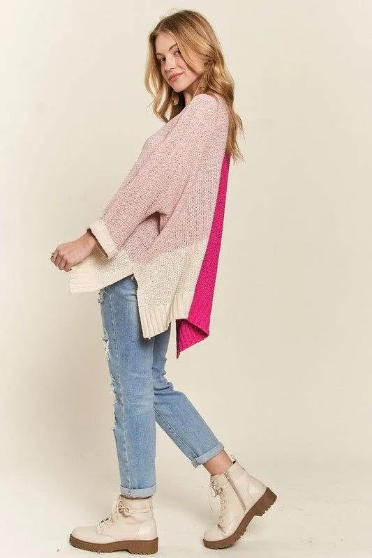 ADORA Side Slit Color Block Long Sleeve Sweater In Pink