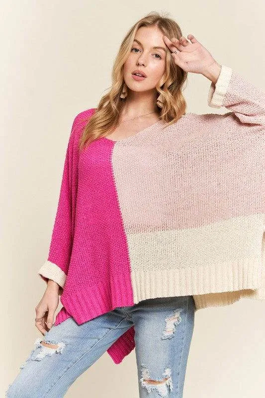 ADORA Side Slit Color Block Long Sleeve Sweater In Pink