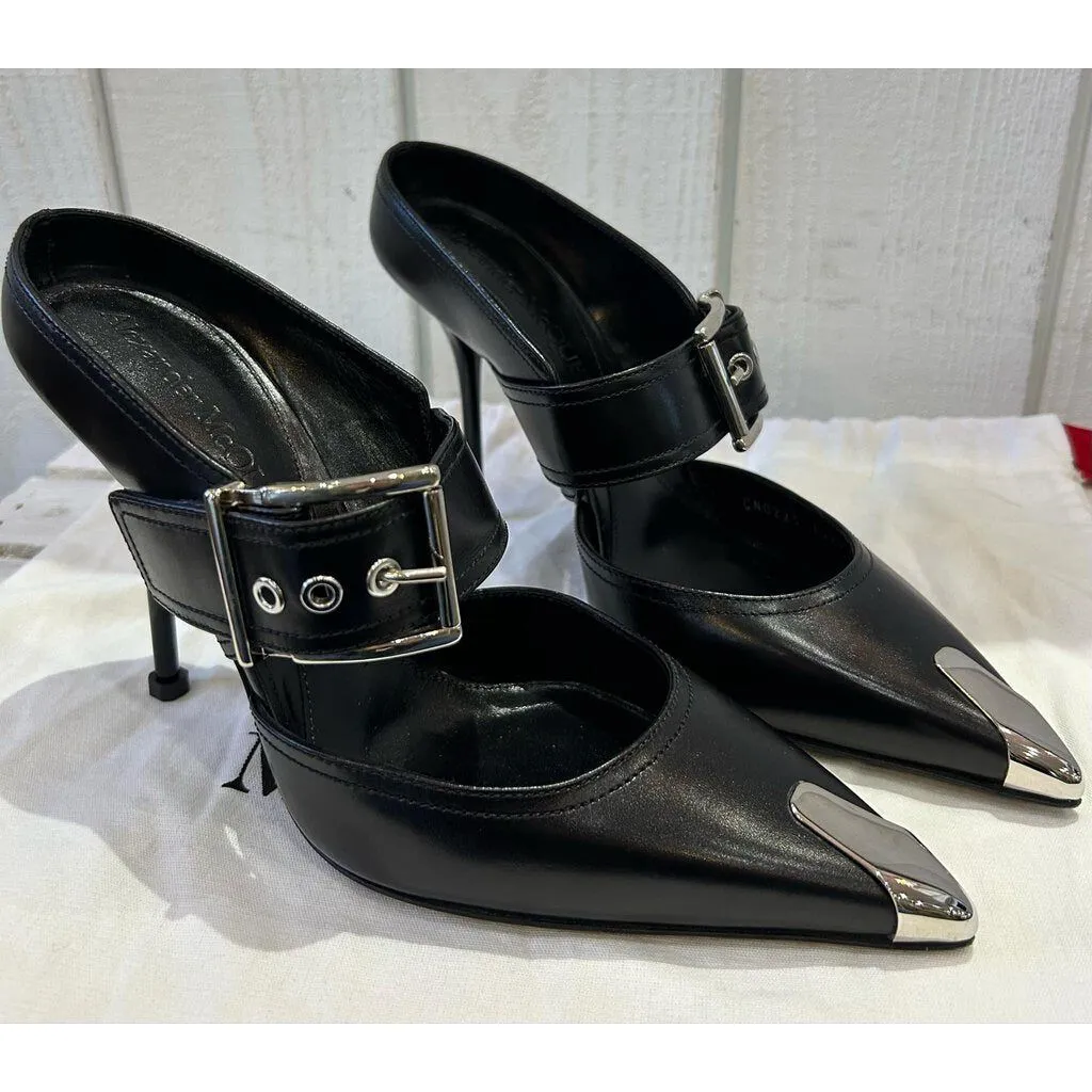 Alexander McQueen Black Leather Hardware Sabot Heels - Size 38