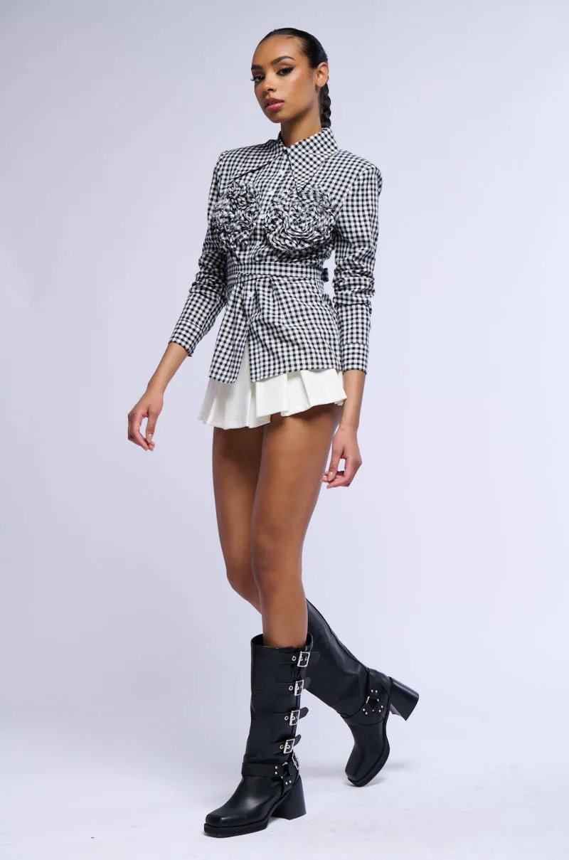 AMINA GINGHAM COLLARED LONG SLEEVE BLOUSE