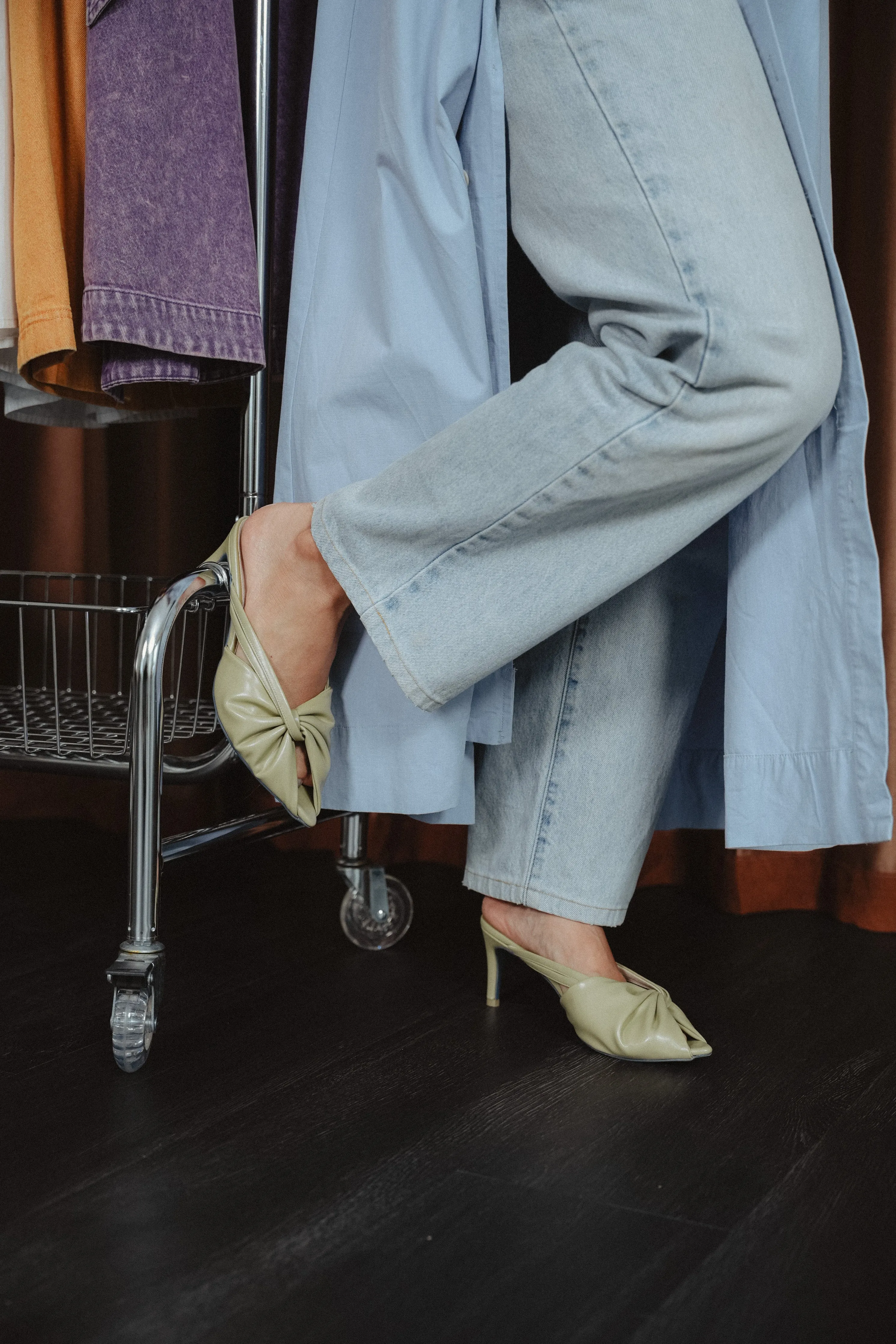 Azalea Ruched Pointy Heel Mules (Olive Green)