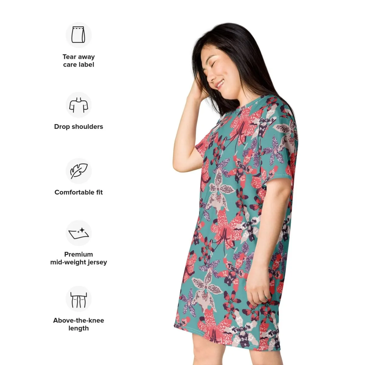 Blue with Pink Floral Oversized T-Shirt Dress 2XS-6XL