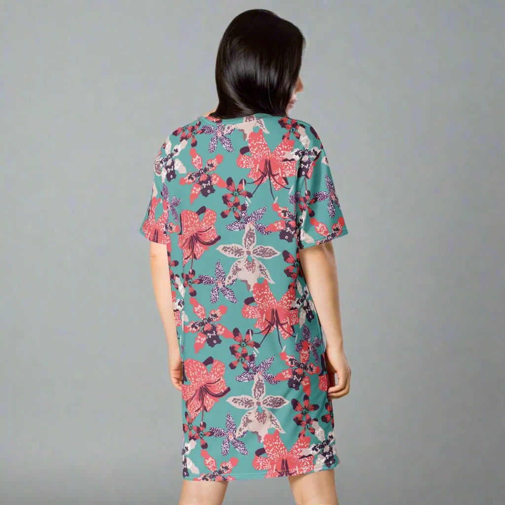 Blue with Pink Floral Oversized T-Shirt Dress 2XS-6XL