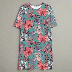 Blue with Pink Floral Oversized T-Shirt Dress 2XS-6XL