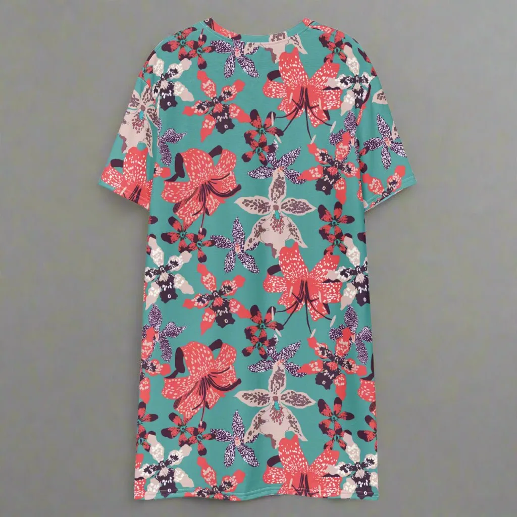 Blue with Pink Floral Oversized T-Shirt Dress 2XS-6XL