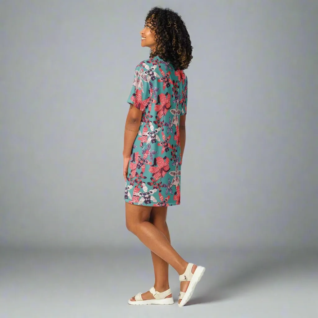 Blue with Pink Floral Oversized T-Shirt Dress 2XS-6XL