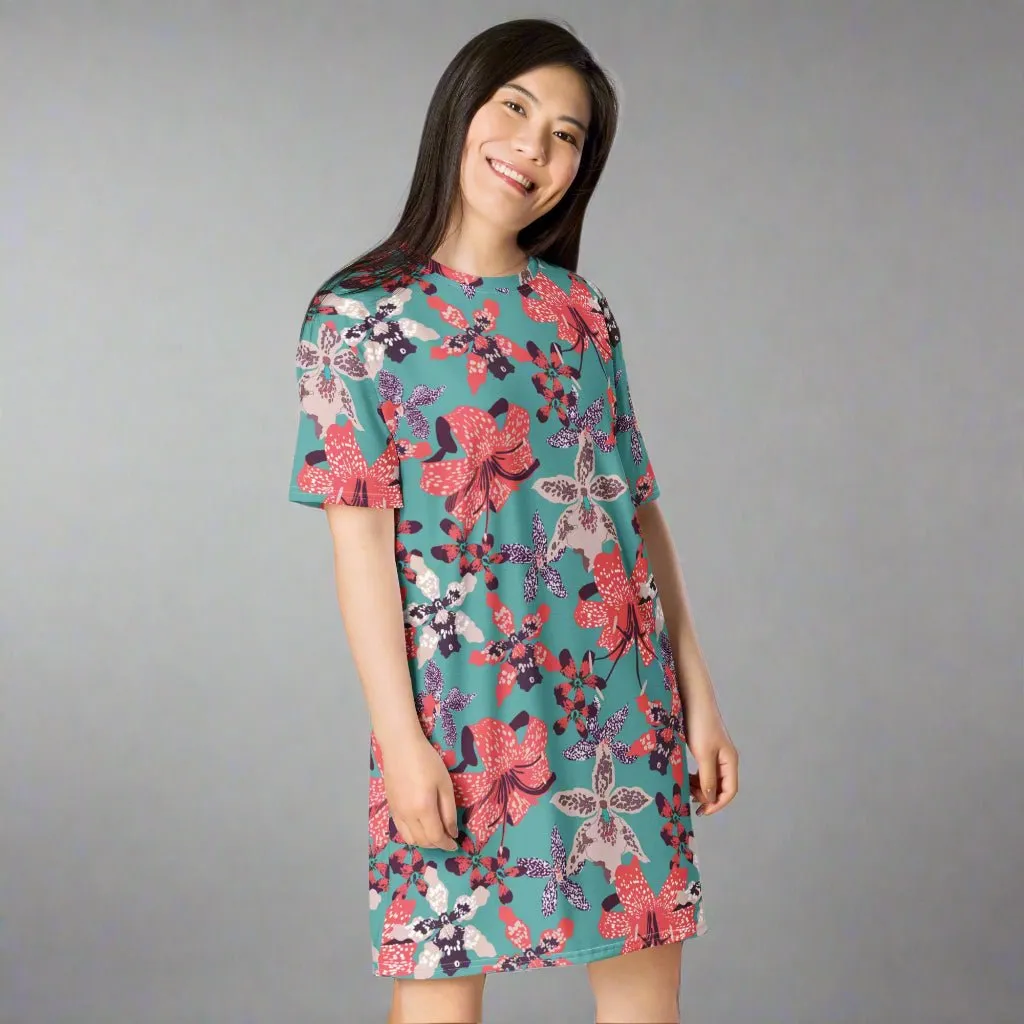 Blue with Pink Floral Oversized T-Shirt Dress 2XS-6XL