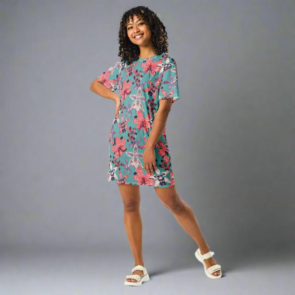 Blue with Pink Floral Oversized T-Shirt Dress 2XS-6XL