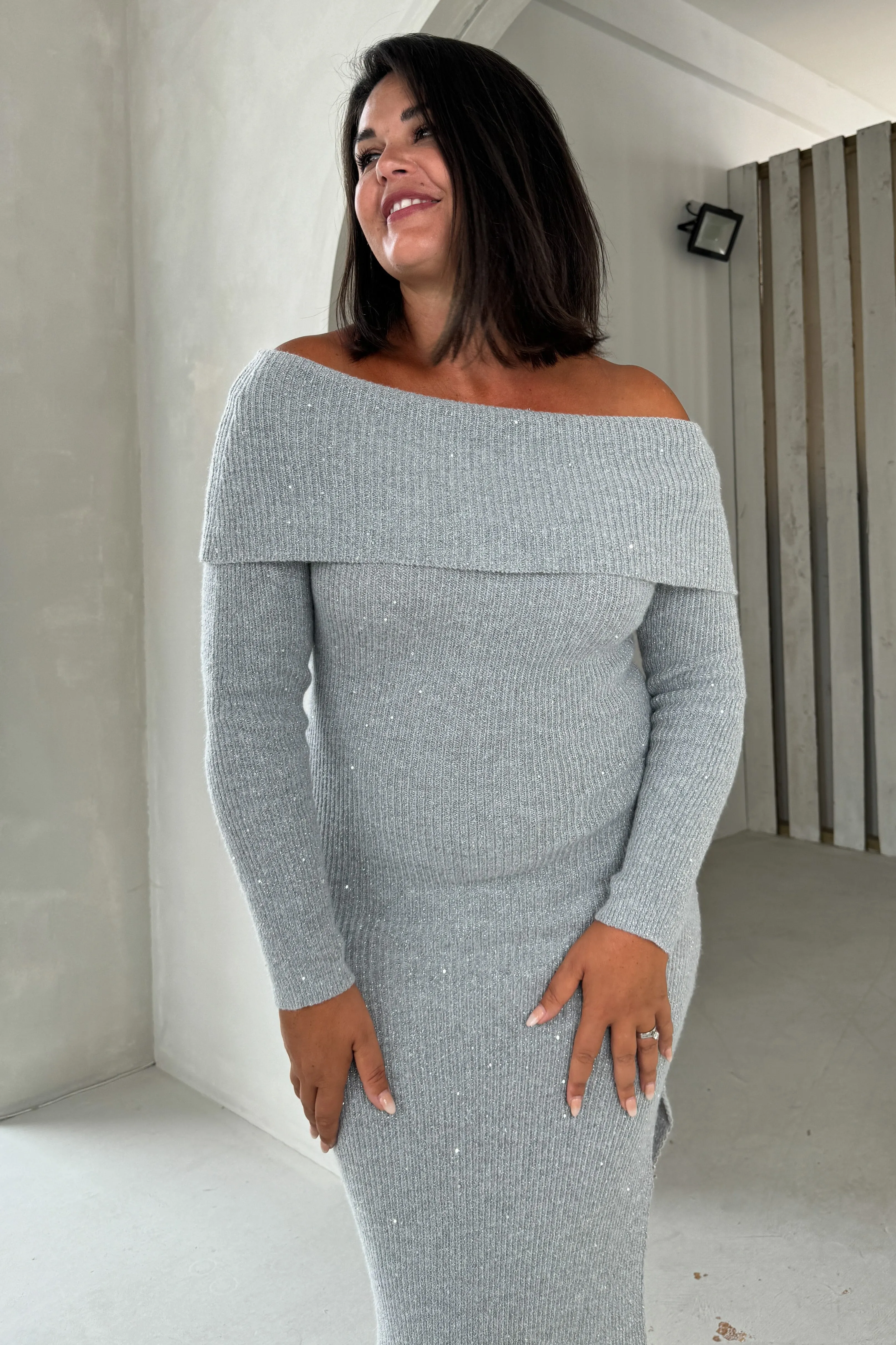 Brea Knitted Sequin Bardot Midi Dress Grey