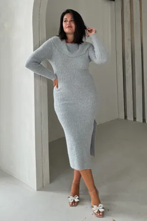 Brea Knitted Sequin Bardot Midi Dress Grey
