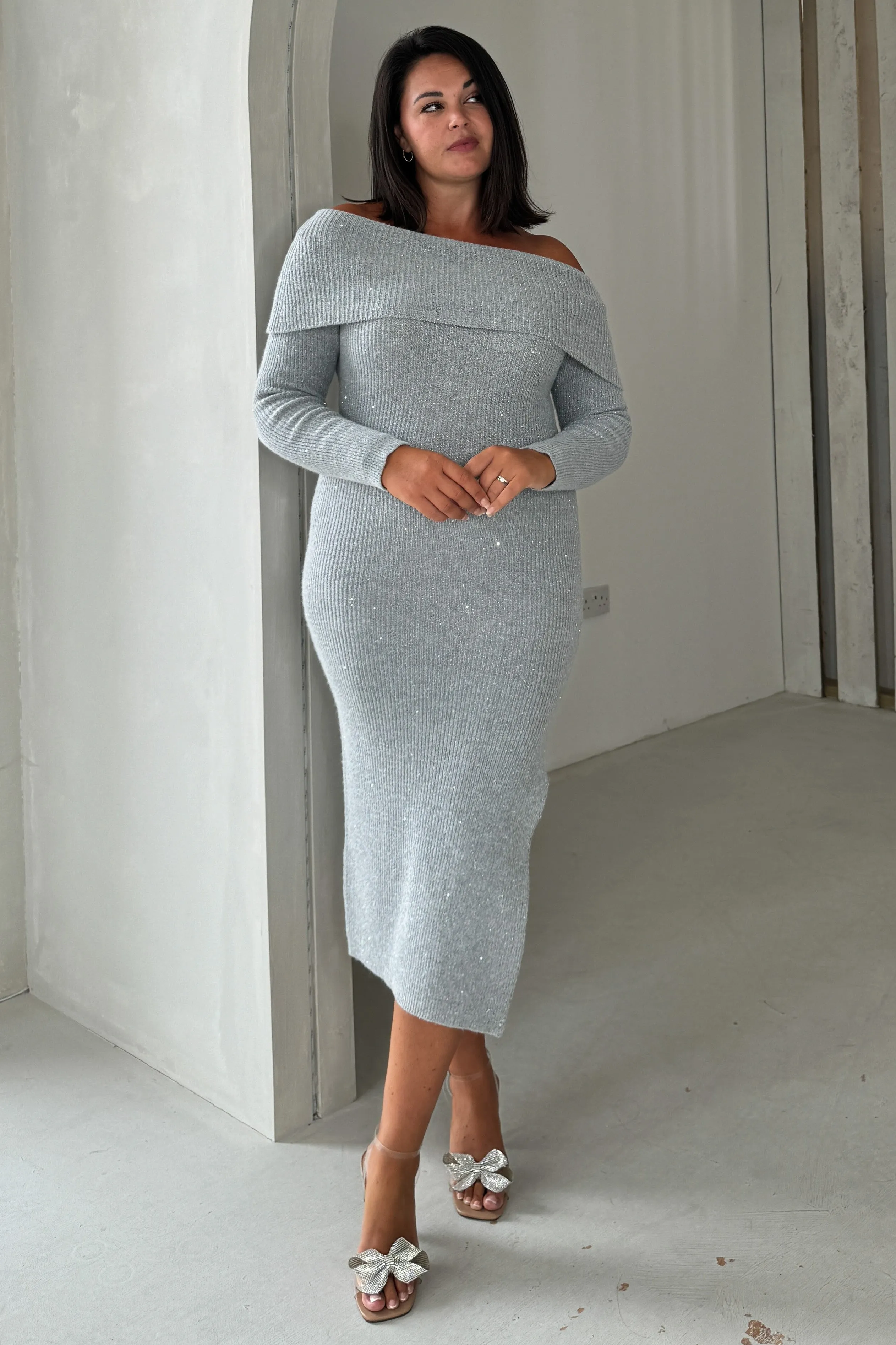 Brea Knitted Sequin Bardot Midi Dress Grey
