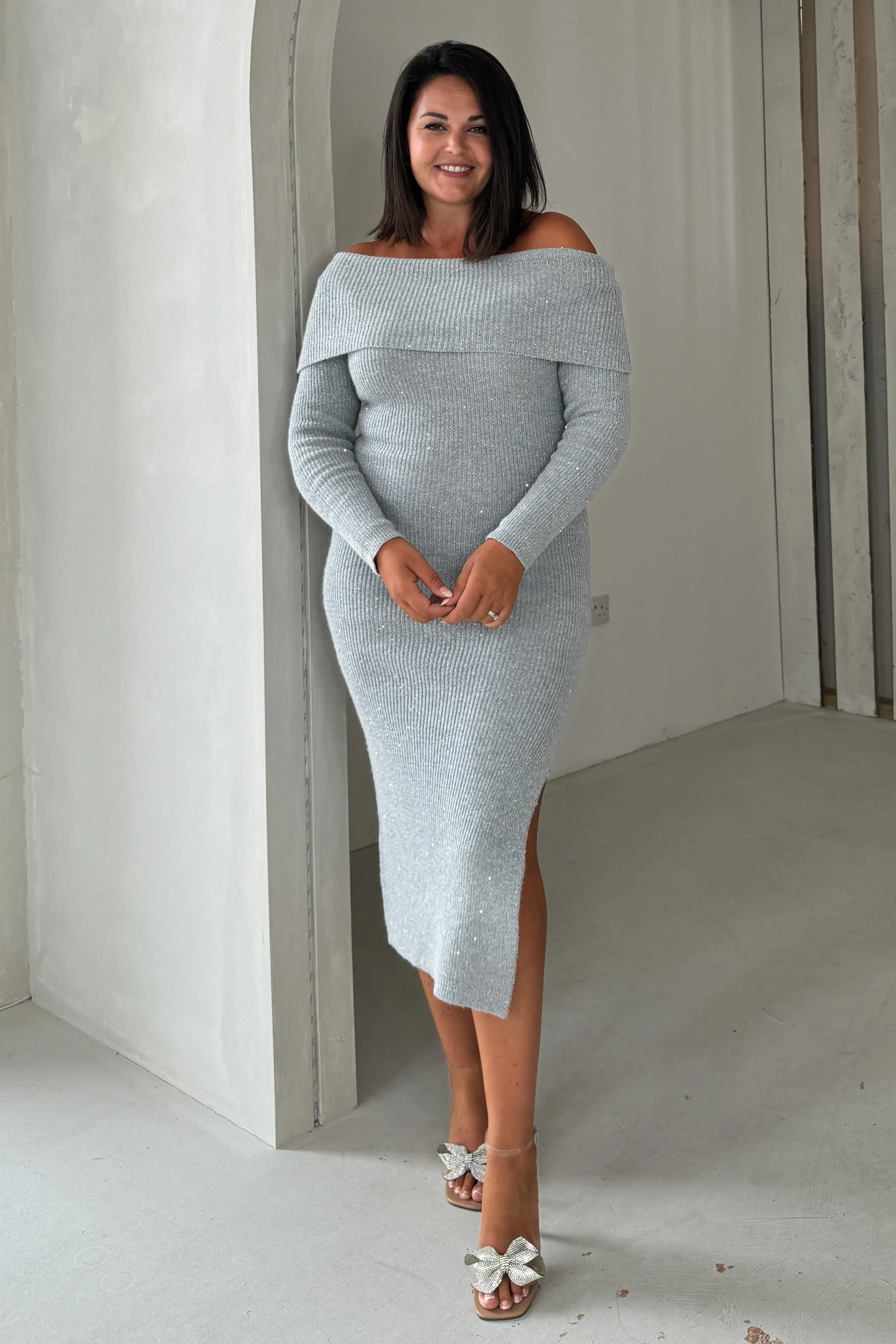 Brea Knitted Sequin Bardot Midi Dress Grey