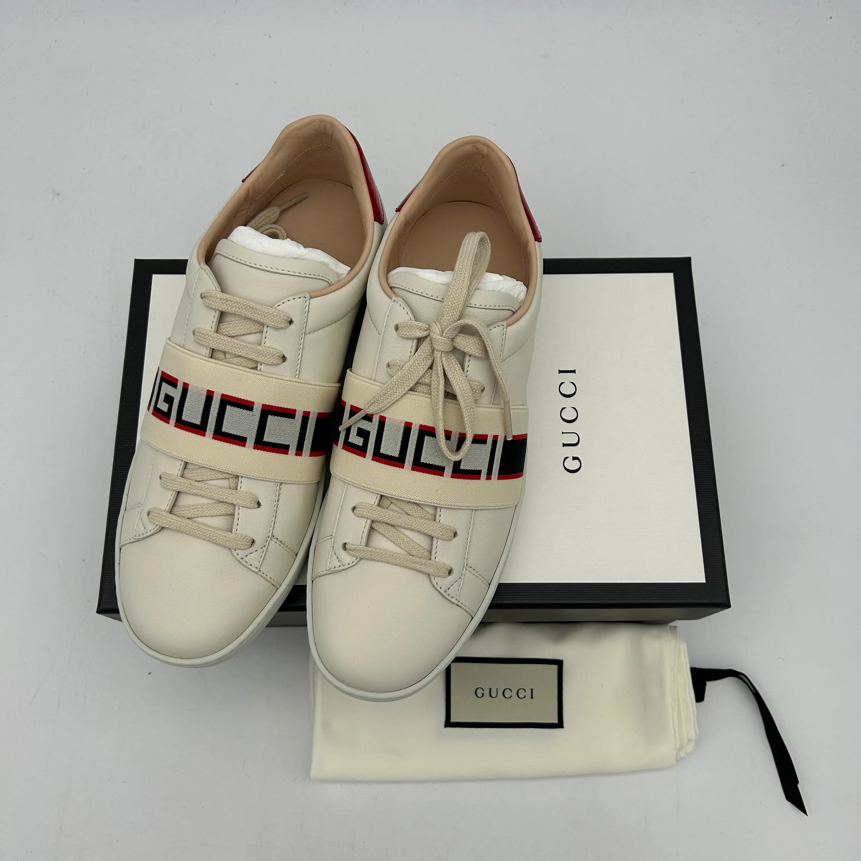 Gucci White Leather Logo Band Ace Sneakers 24120204