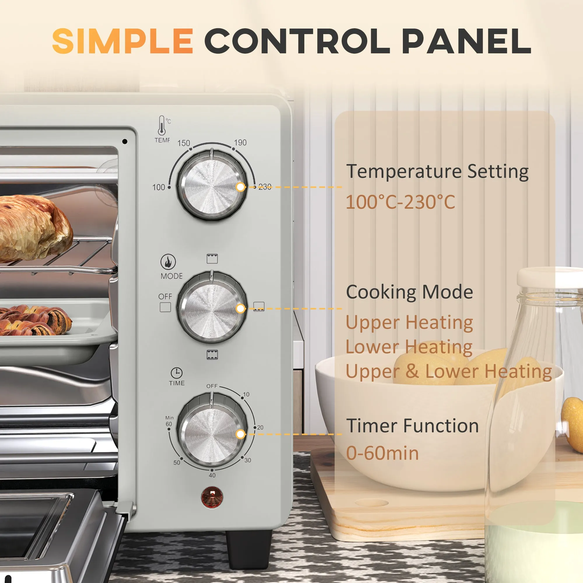 HOMCOM 21L Mini Countertop Oven, 100°C-230°C Adjustable Temp - Silver Tone