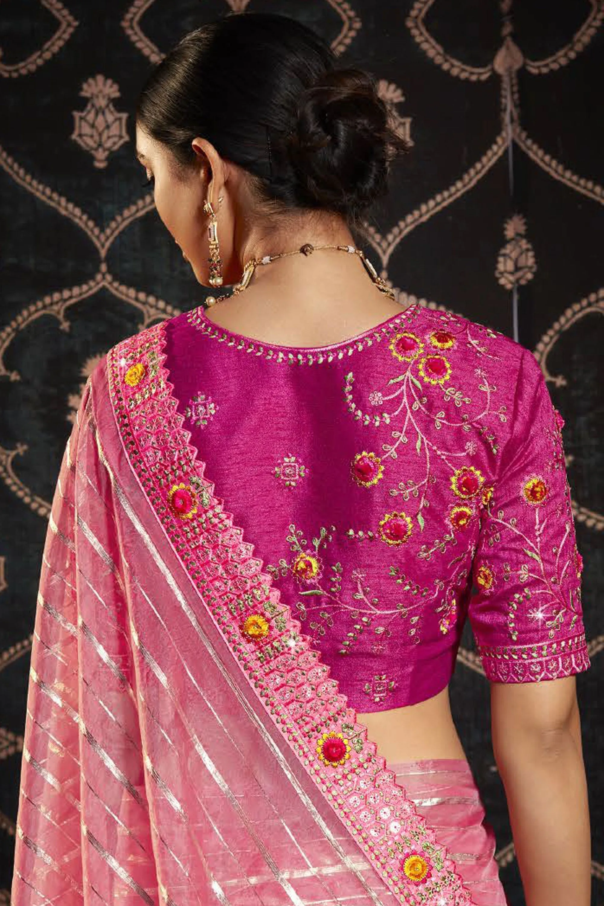 Incredible Border Work On Organza Fabric Pink Color Saree
