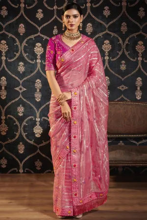 Incredible Border Work On Organza Fabric Pink Color Saree
