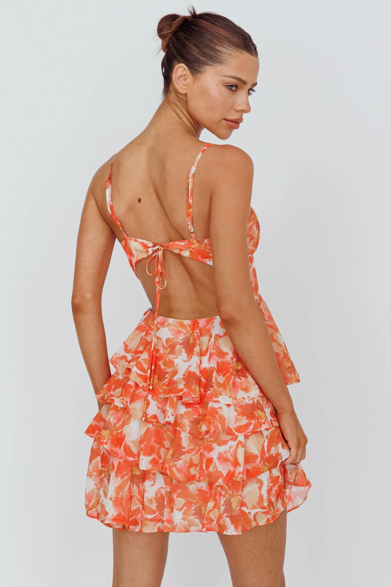 Lauran Tied Back Frill Dress Floral Orange