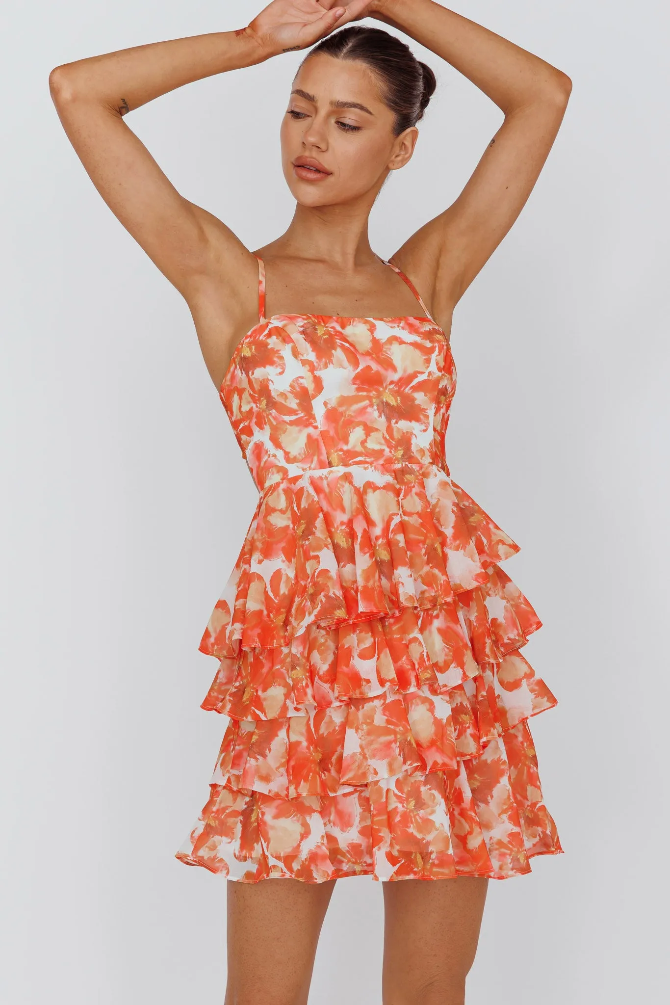 Lauran Tied Back Frill Dress Floral Orange