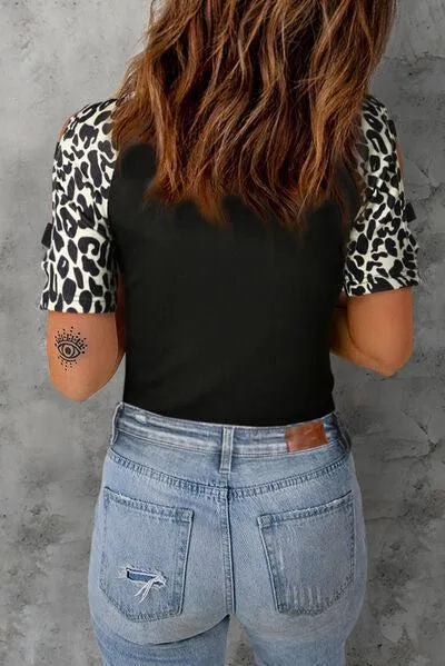 Leopard Print Short Sleeve Black T Shirt