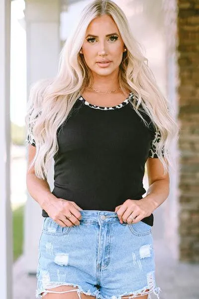Leopard Print Short Sleeve Black T Shirt