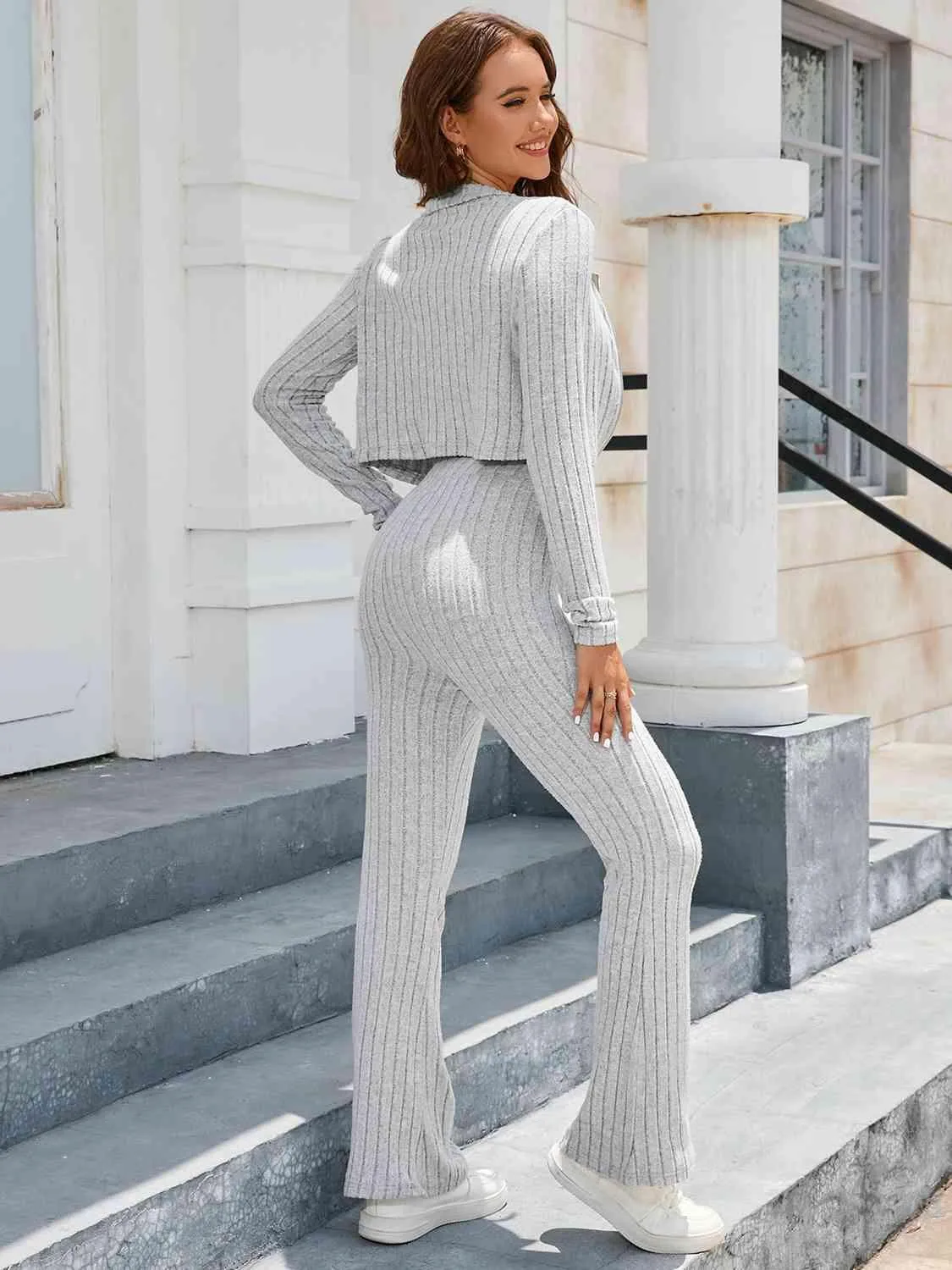 Long Sleeve Crop Top and High Waisted Pants Set