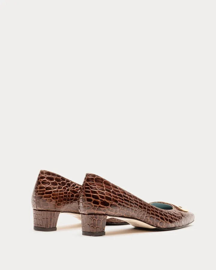 Mary Mini Block Heel Croc Embossed Leather Chocolate