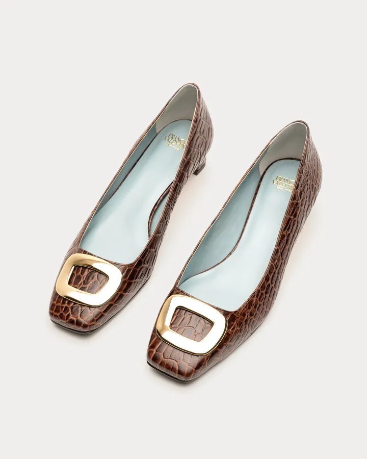 Mary Mini Block Heel Croc Embossed Leather Chocolate