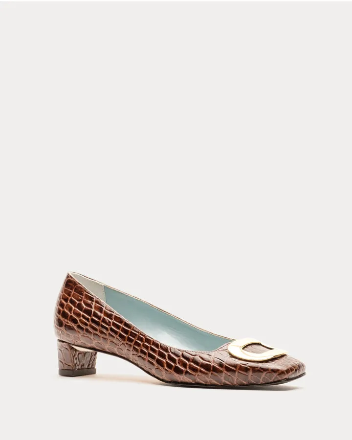 Mary Mini Block Heel Croc Embossed Leather Chocolate