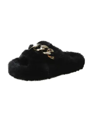 Metal Chain Warm Slippers - Black