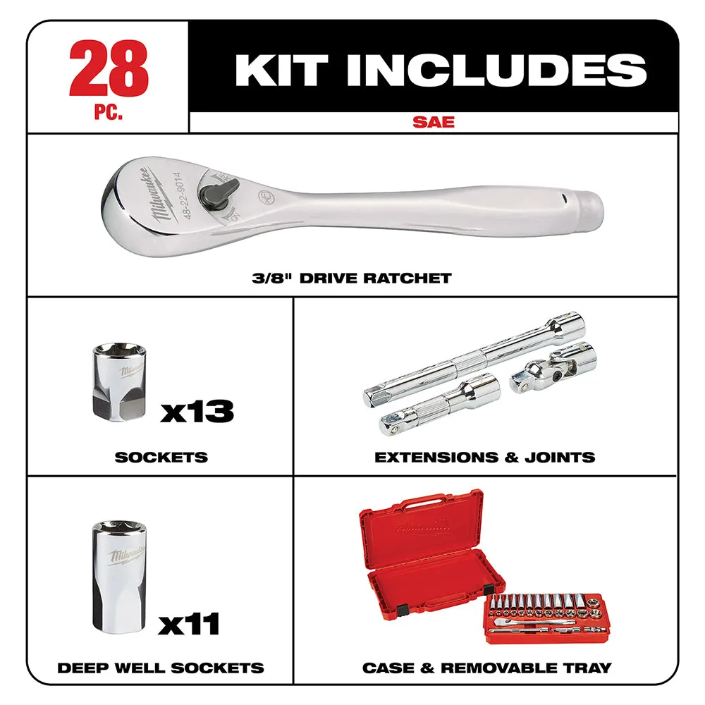 Milwaukee 48-22-9408 3/8-Inch Drive Durable SAE Ratchet and Socket Set- 28pc