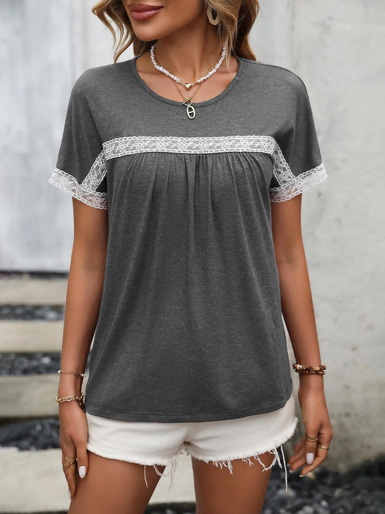 On Point Crew Neck Lace Short Sleeve Top