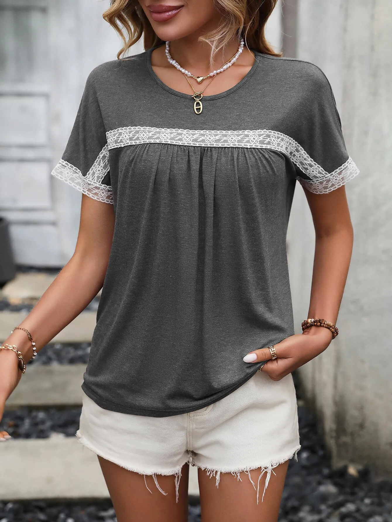 On Point Crew Neck Lace Short Sleeve Top