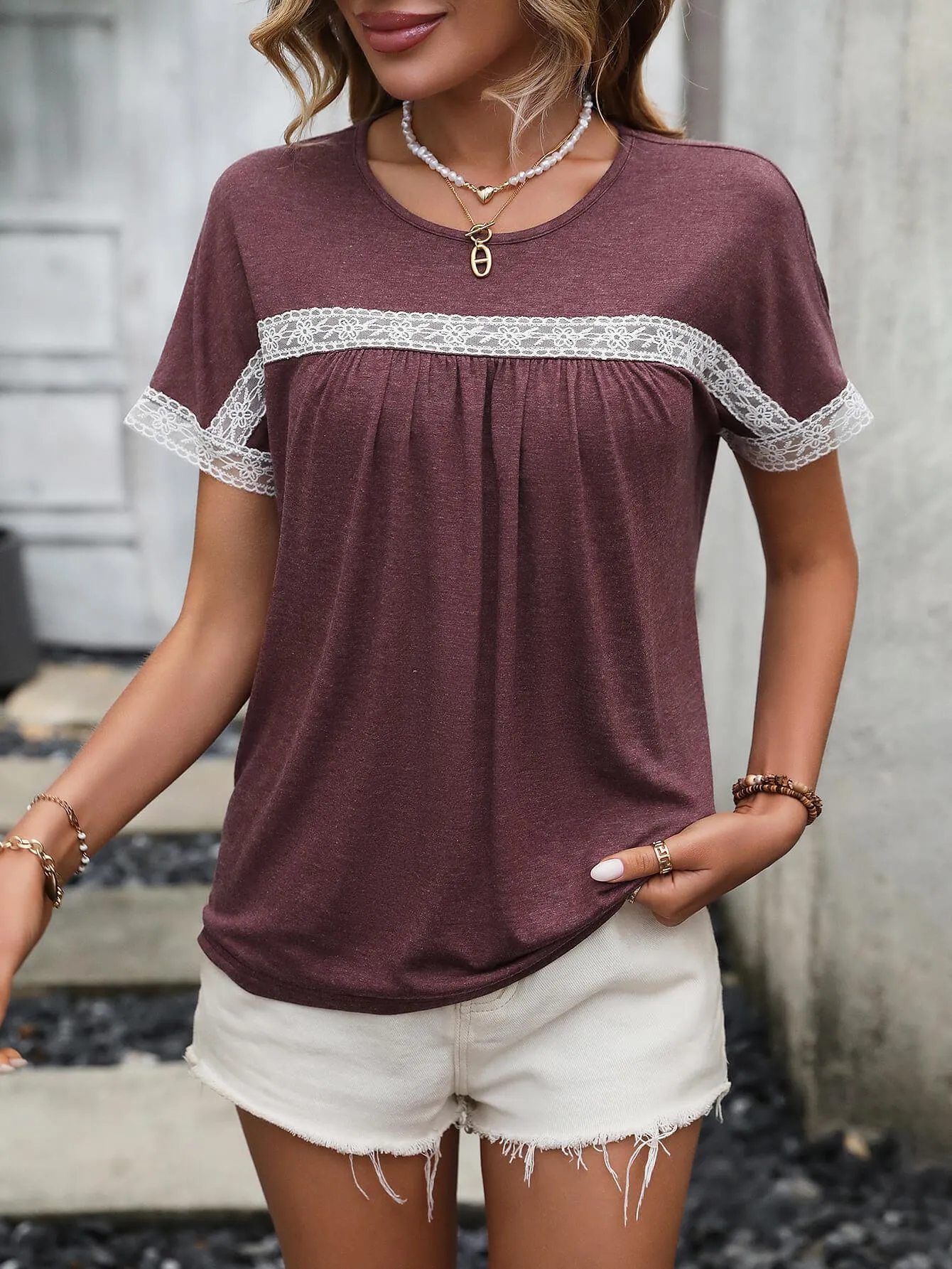 On Point Crew Neck Lace Short Sleeve Top