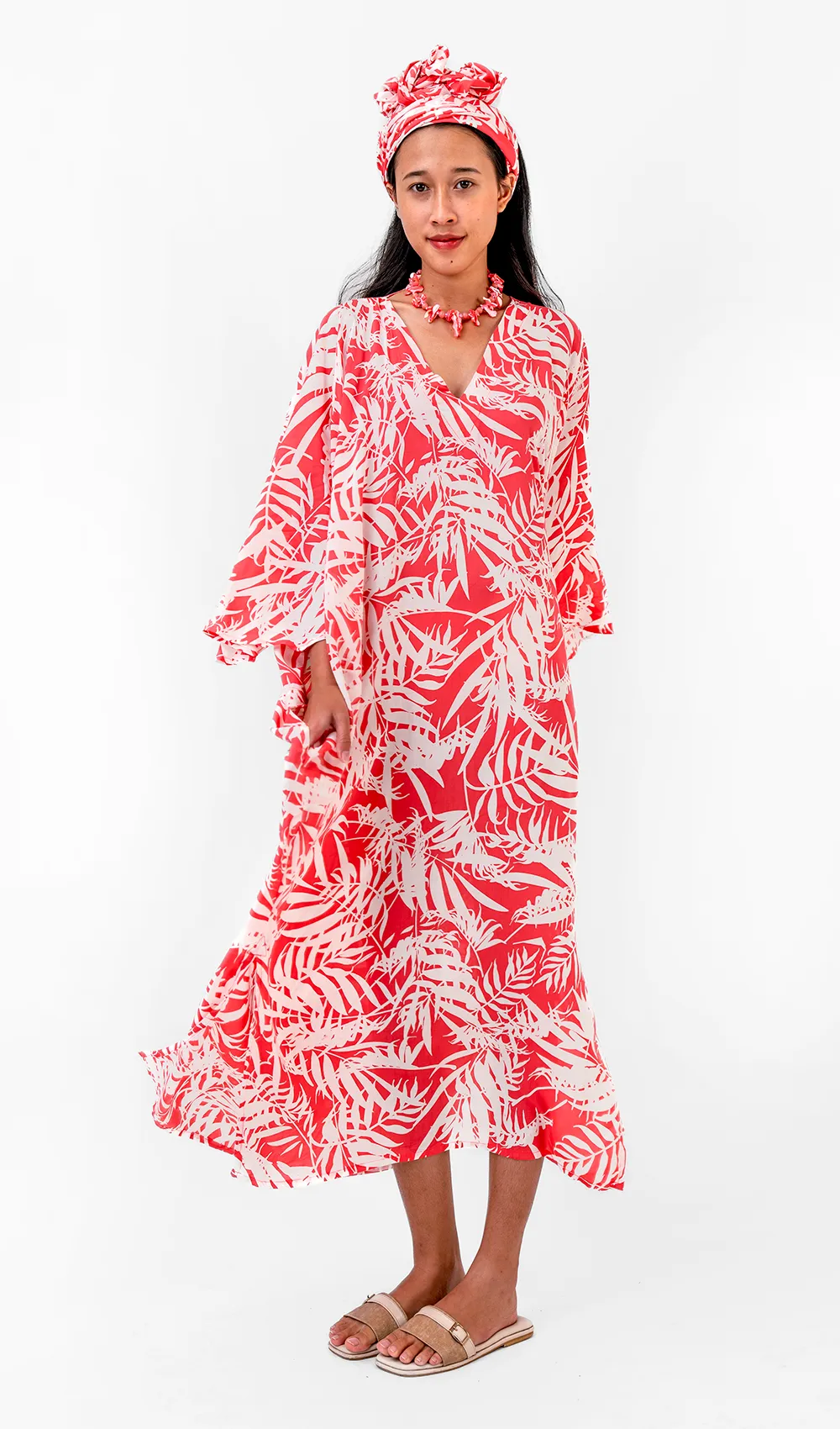 Palm Bright Coral Eco-Rayon Kaftan Dress, 1 size