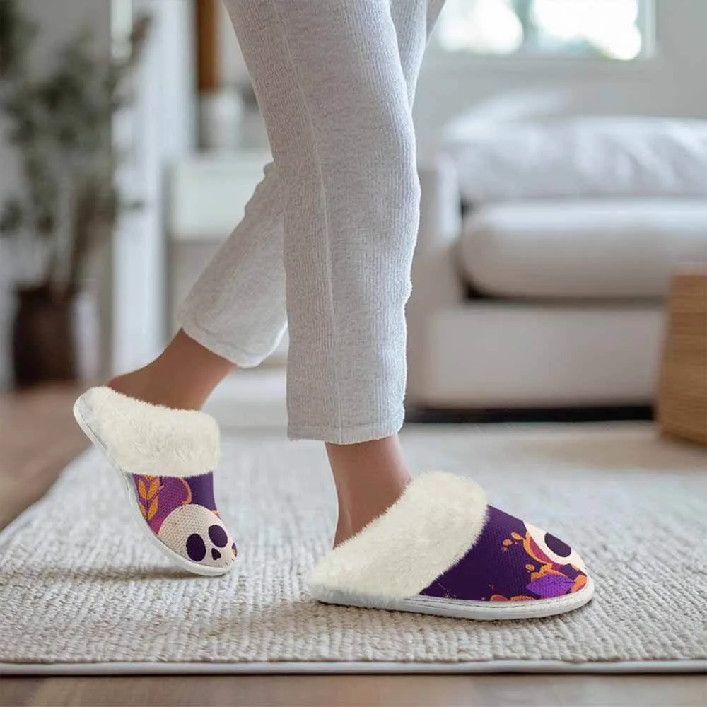 Purple Skull Leaf Keep Warm Cotton Slippers