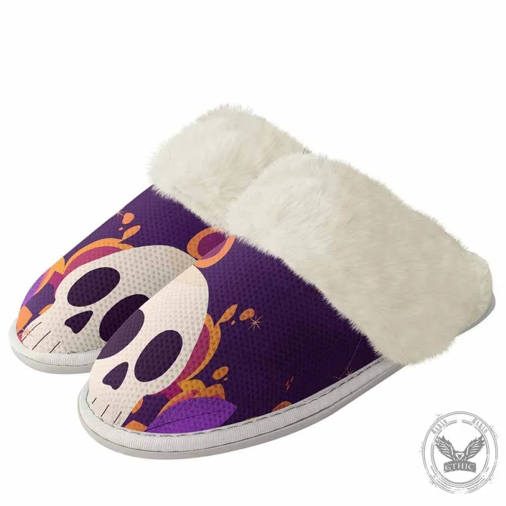 Purple Skull Leaf Keep Warm Cotton Slippers