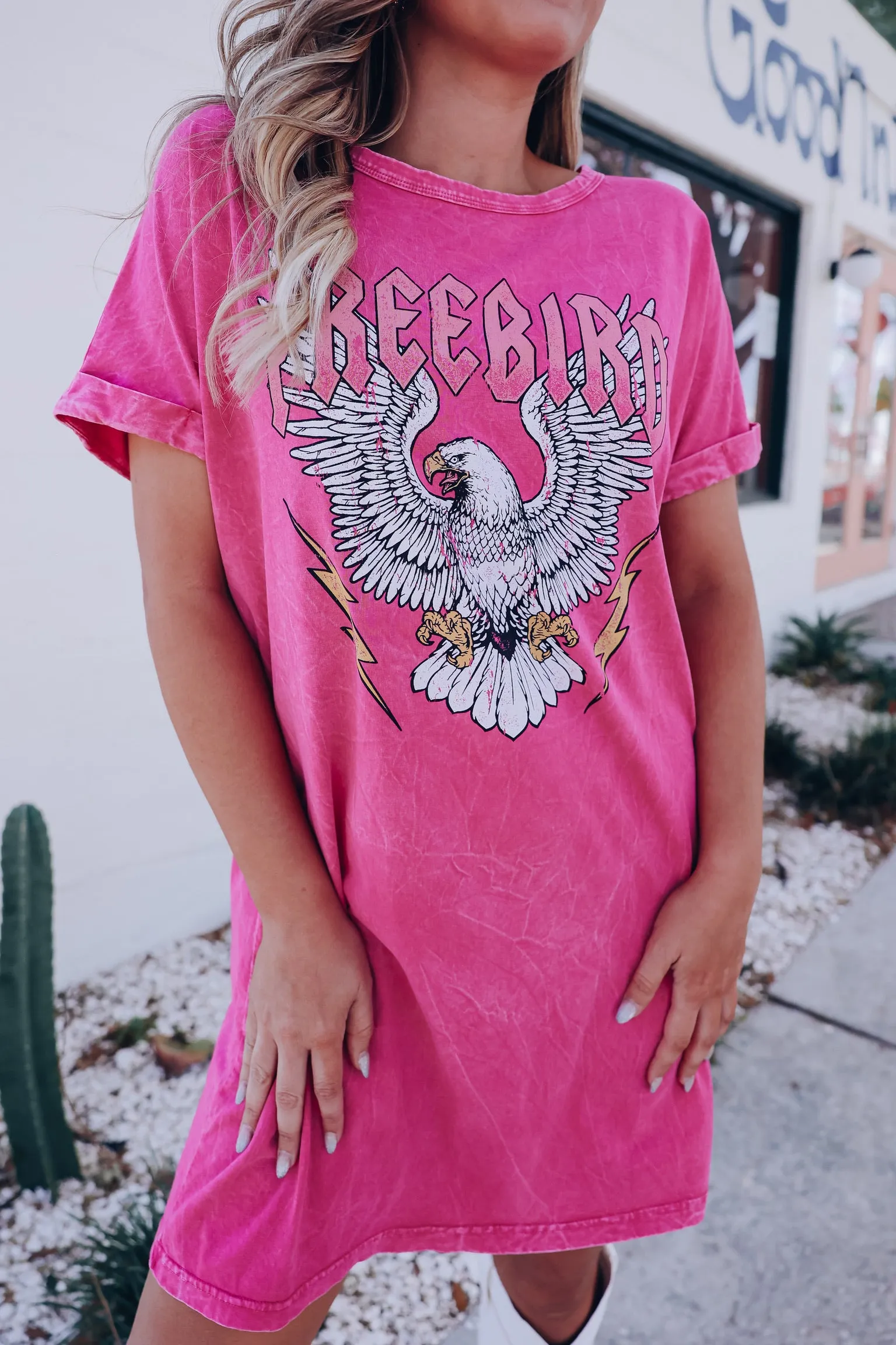 "Freebird" Eagle Graphic T-Shirt Dress - Mineral Pink