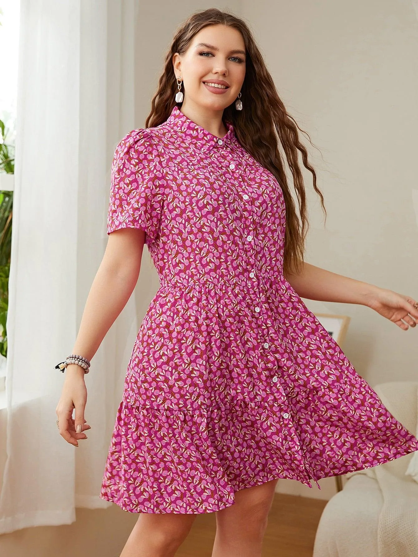 Refreshing Button Front Collared Pink Mini Dress
