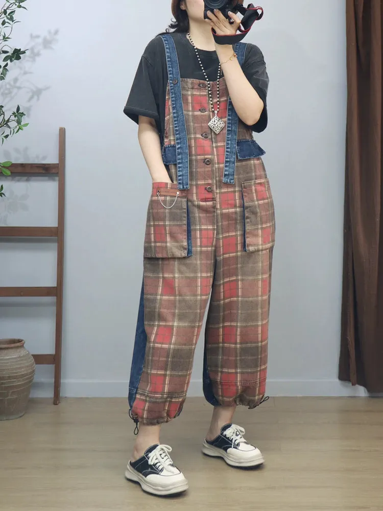 Retro Plaid Denim Patchwork Overalls Dungarees