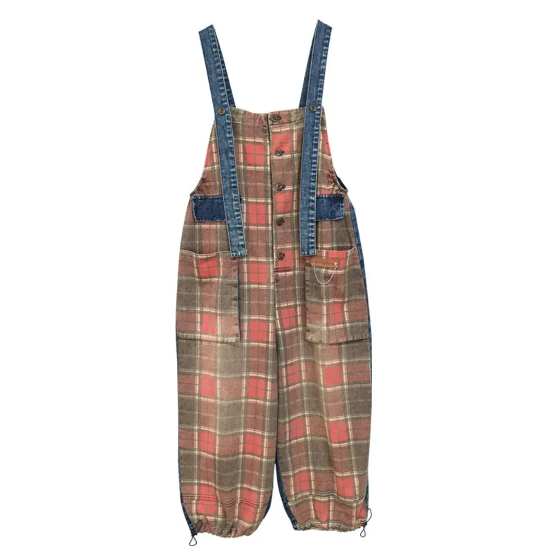 Retro Plaid Denim Patchwork Overalls Dungarees