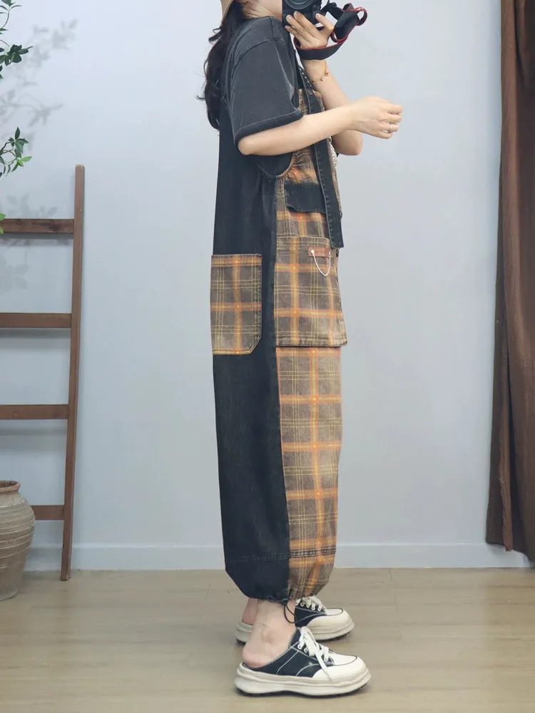 Retro Plaid Denim Patchwork Overalls Dungarees