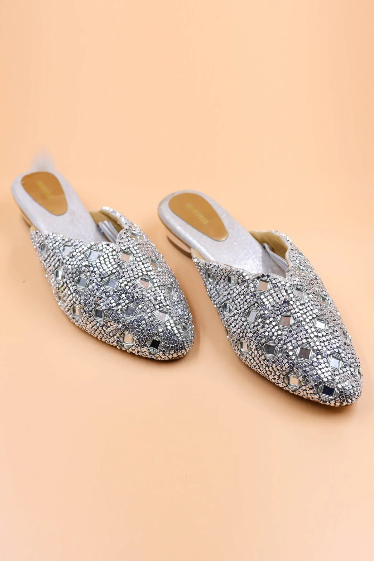 Silver Crystal Embroidered Mules
