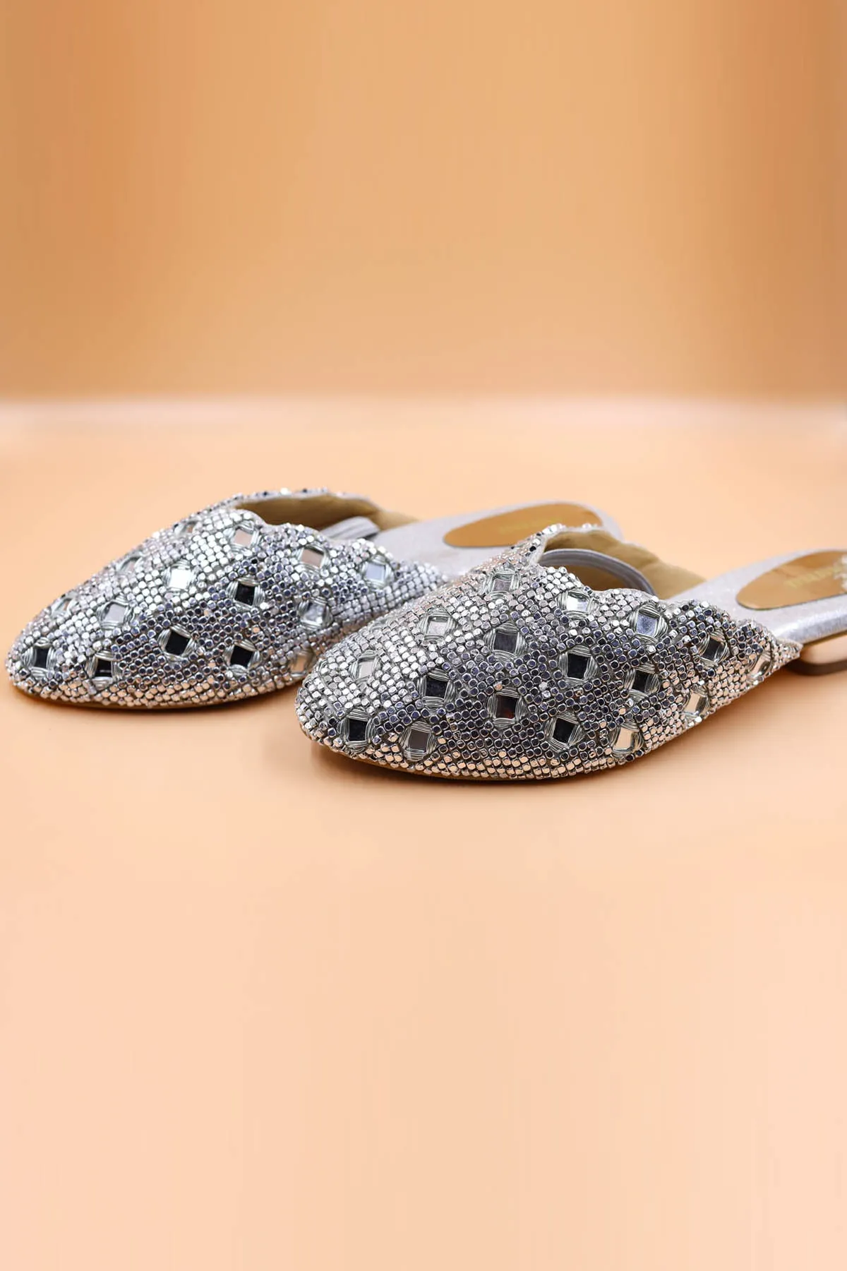 Silver Crystal Embroidered Mules