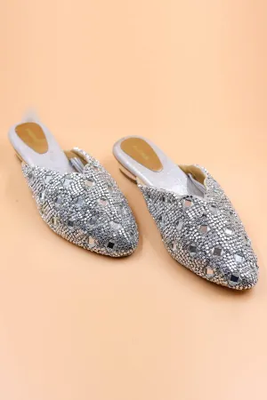 Silver Crystal Embroidered Mules