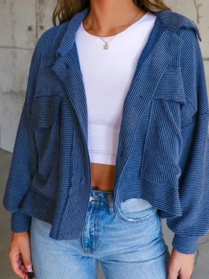 Streetwear Collared Ribbed Button Up Jacket