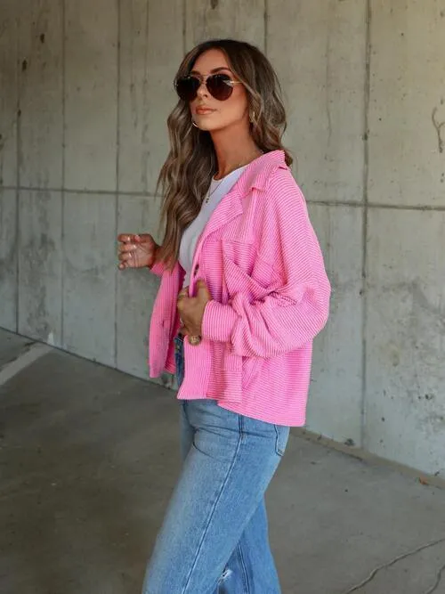 Streetwear Collared Ribbed Button Up Jacket